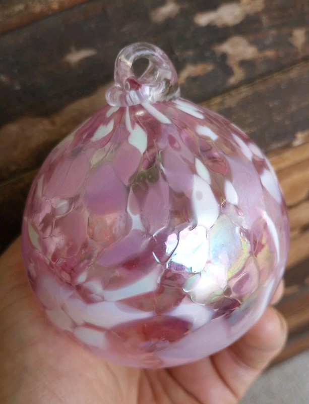 Hand Blown Handmade Friendship Ball Glass Ball Ornament Iridescent Pink Poland 