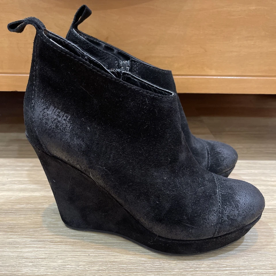 Diesel 超高黑色麂皮绒短靴楔形拉链 8 M 码 — 第 3/4 张图片