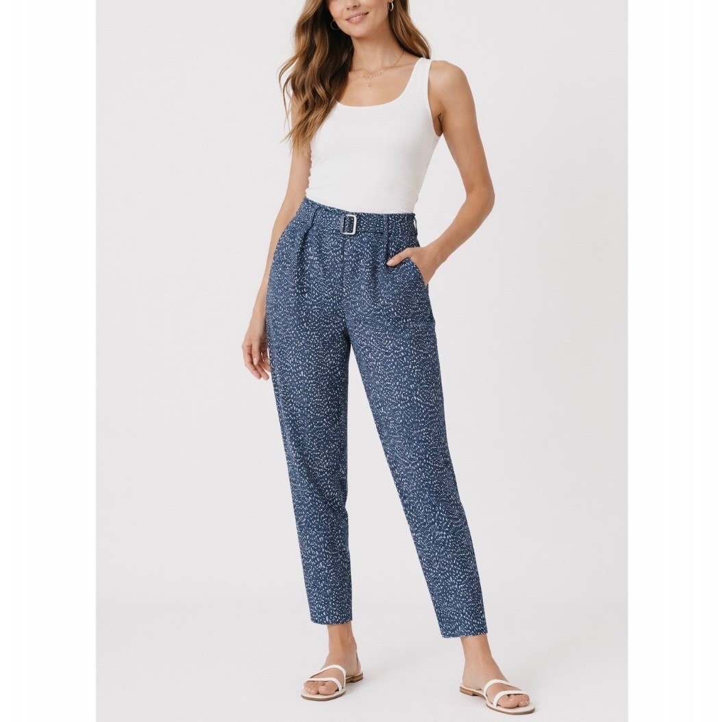 NEW Akris Punto Fred Trousers Blue White Animal Print Belted High Rise Size 8 US