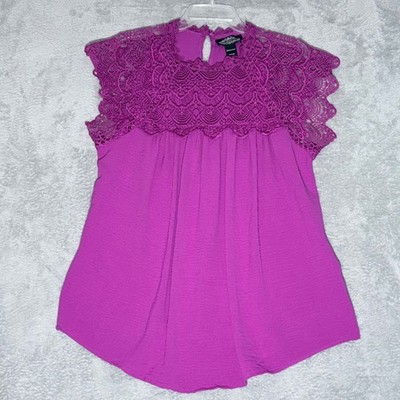 Oliver.O by Escio Lace Blouse 1X Magenta Crochet Yoke Cap Sleeve Boho
