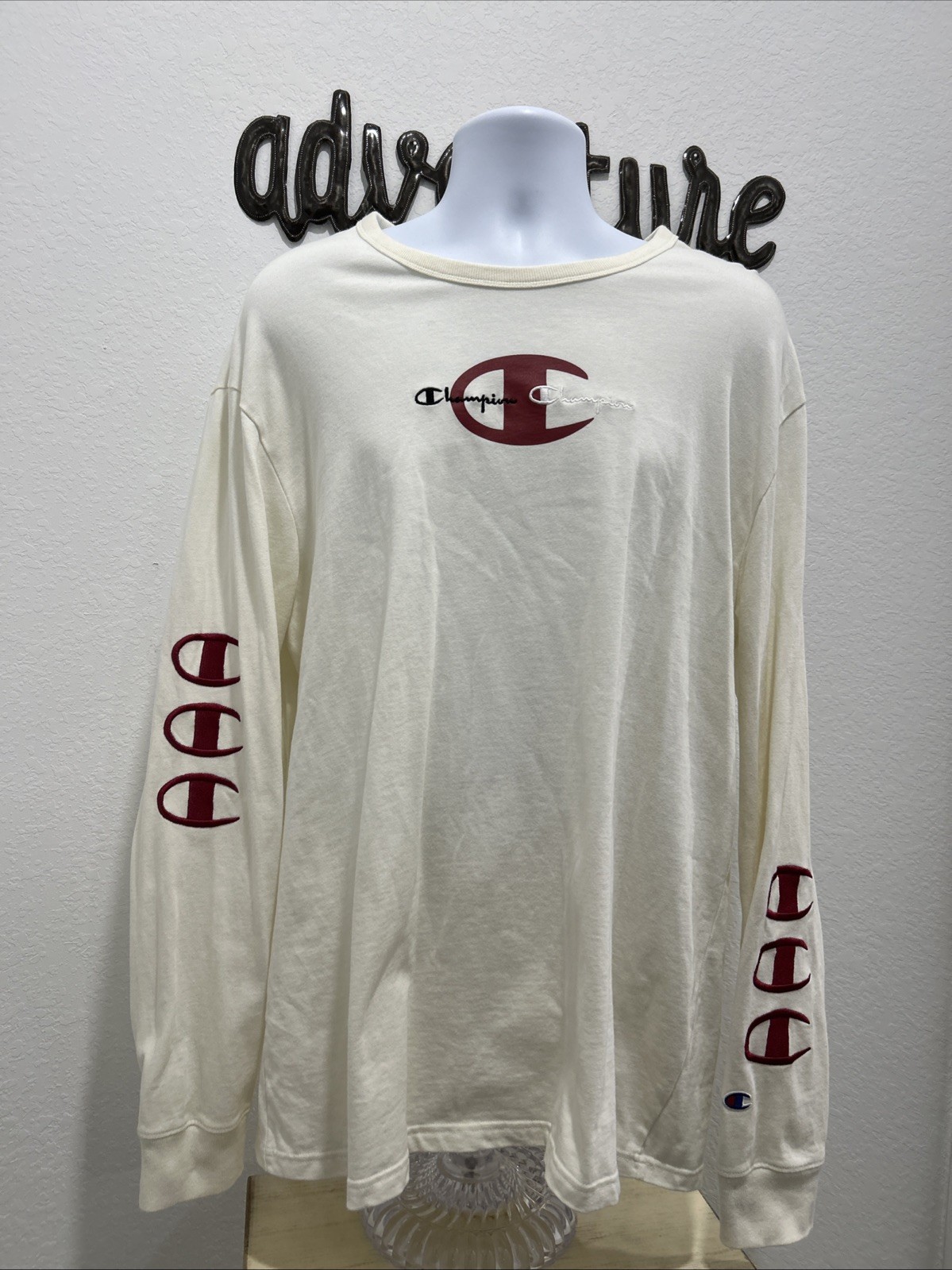 Y2K Champion Embroidered Shirt Mens XL Long Sleeve Preppy VTG Cream Smoke Free