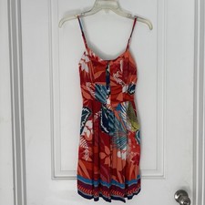 Express Red Orange Hawaiian Floral Dress Pockets Size XS