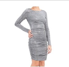 Vince Camuto Metallic Silver Long Sleeve Ruched Sides Bodycon Mini Dress Sz 6