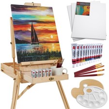French Easel, 32pc Beginners Kit Portable Wooden Folding Adjustable Sketch Bo...