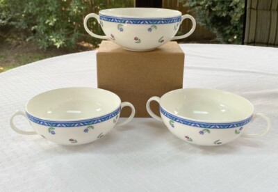 3 Vtg Villeroy & Boch Adeline Cream Soup Bowl Double Handle Blue