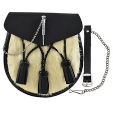 Leather Sporran Pin Drop Sporran 3 Tassels White Semi Dress Sporran