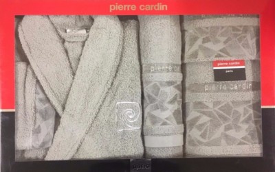 PIERRE CARDIN LUXURY PIECE BATHROBE TOWEL SET EMBROIDERY OFF GREY TAUPE 