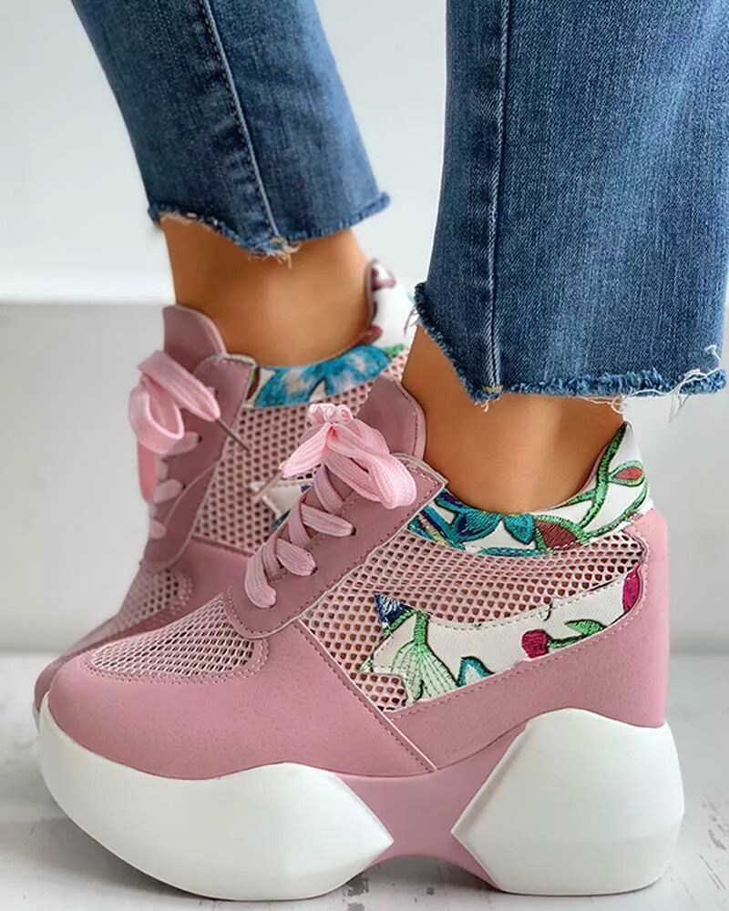 Zapatillas Deportivas Mujer Rosa Flores Cuña 11 CM Gimnasia Cómodo 9105