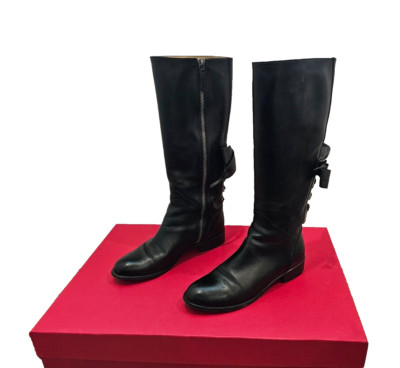 VALENTINO GARAVANI ''Ascot'' Black Leather Ribbon Riding Boots - Size 38.5