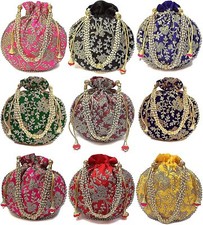 Ethnic Designer 10 Embroidered Silk Potli Bag Batwa Pearls Handle Purse Clutch