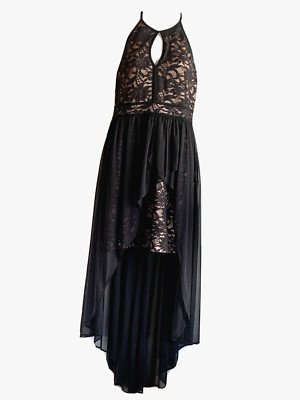 NW Nightway Hi Low Prom Party Dress Womens 8 Petite Black Lace Nude Backless