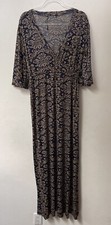 KohKoh Maxi Dress Womens L Dolman Batwing Short Sleeve Navy Beige Print V-Neck