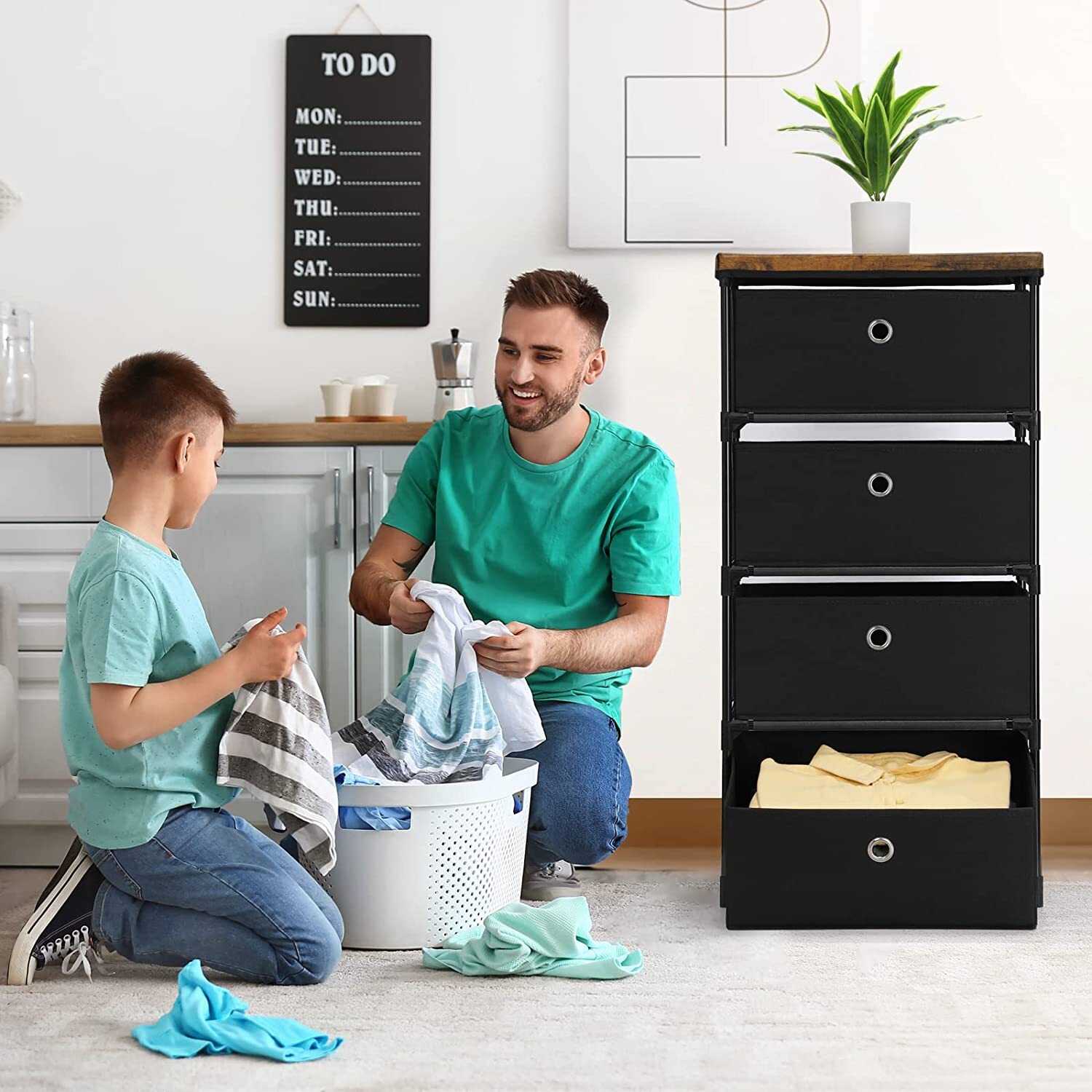 4 Drawer Fabric Storage Chest Clothes Organizer Closet Dresser for Bedroom Black-image