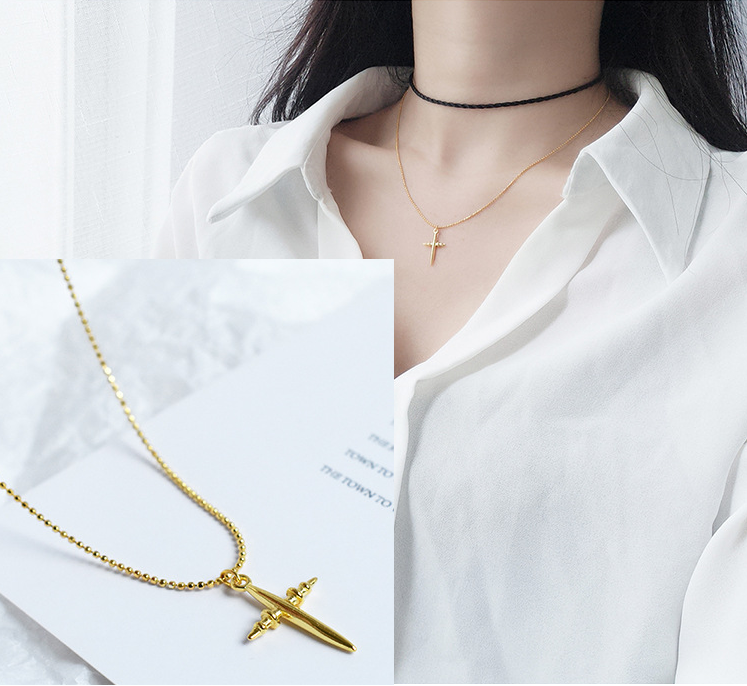 Solid Sterling silver 14K Gold Beads choker necklace Cross Pendant