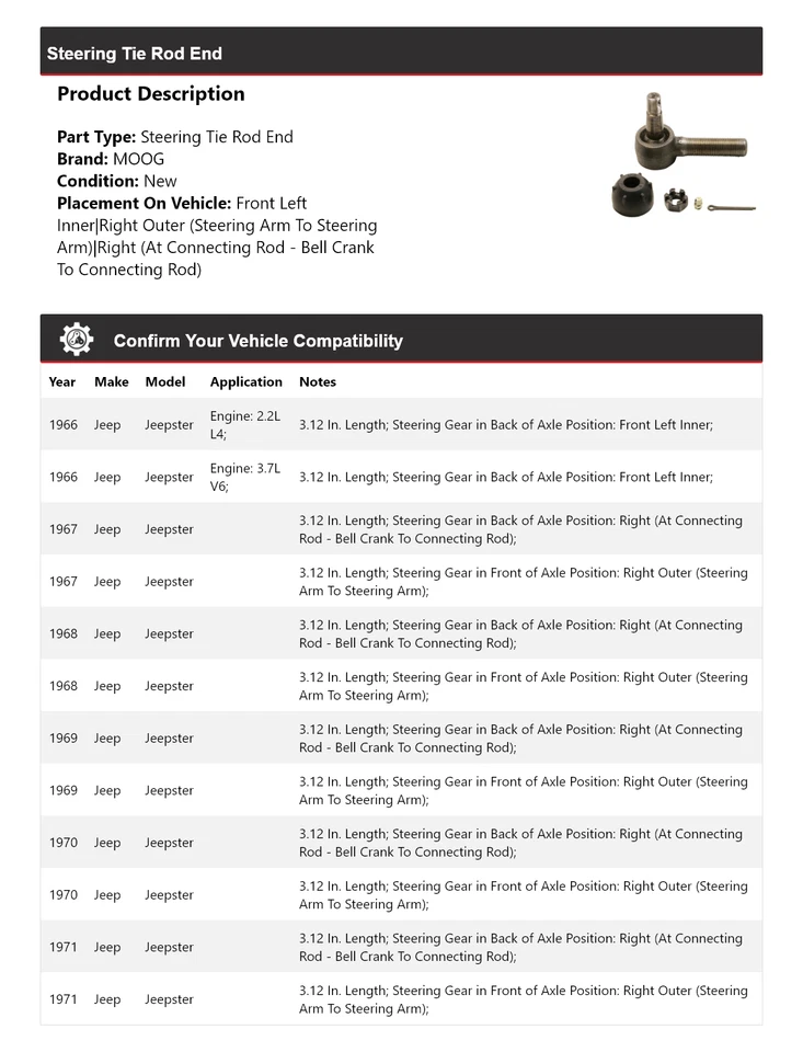For 1966-1971 Jeep Jeepster Steering Tie Rod End MOOG 1966 1967 1968 1969 1970 - Image 2 of 4