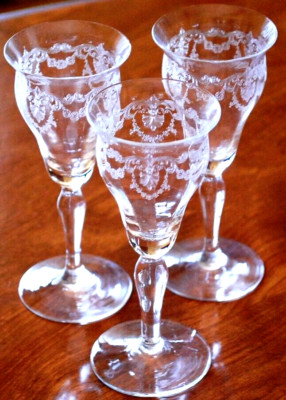 Antique BRYCE Set 3 Cocktail Glasses 5'' NEEDLE ETCHED OPTIC GLASS Garlands c1900