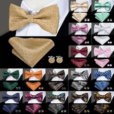 Floral Black Gold Clasisc Mens Bowtie Self Pre Tied Wedding Bow Tie Hanky