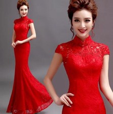 Women Chinese Wedding Lace Dress Cheongsam Qipao Embroidery Evening Long Dress