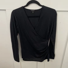 Women’s Talbots Black Shimmery Top-Small-Long Sleeve-V Neck Pullover-Ruching 
