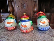 Set of 3 Large Smiling Snowman Head Glass Xmas Tree Ornament 5",5.5",6" In Tall