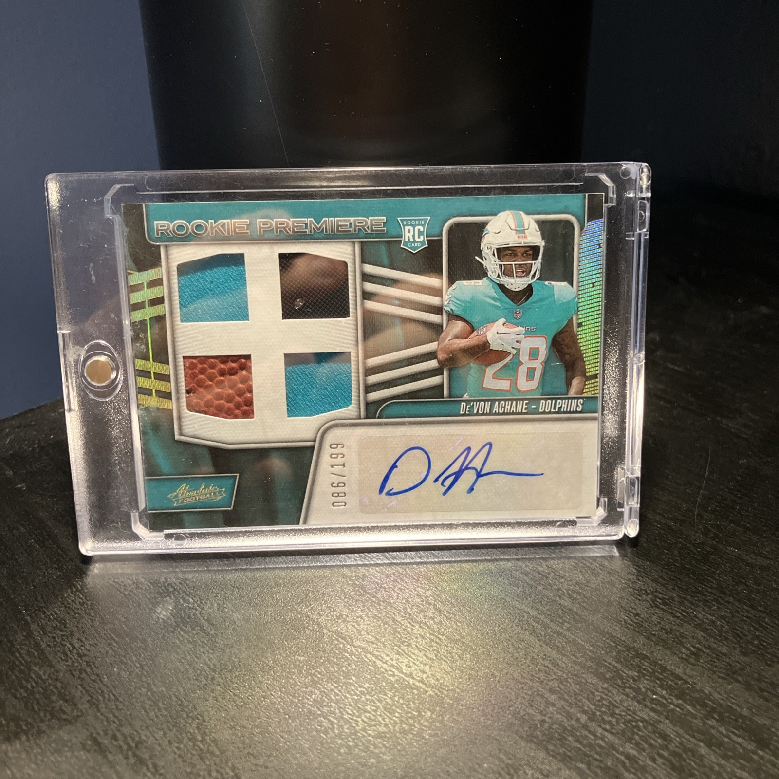 De'Von Achane Panini Absolute Rookie Premiere Materials Autographs Jumbo #RPMADA Base