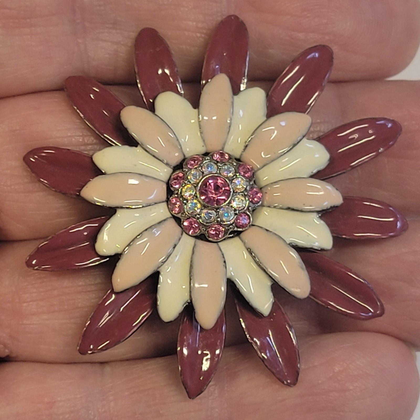 Vintage Pink White Plum Enamel Petals Flower And Rhinestones Center Brooch Pin