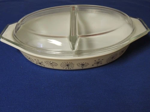 Vintage Pyrex Dandelion Divided Casserole Dish with Lid 1 1/2 Quart