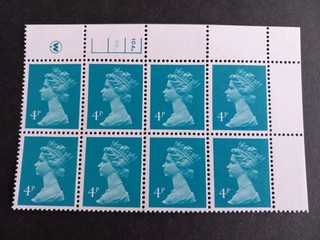 GB QEII 1981 4p Greenish Blue. SGX997. Cylinder number 10A9B dot. MNH block of 8