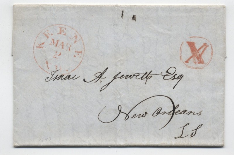 1847 Keene NH red CDS stampless letter X over V in circle rate markings [k.1391]