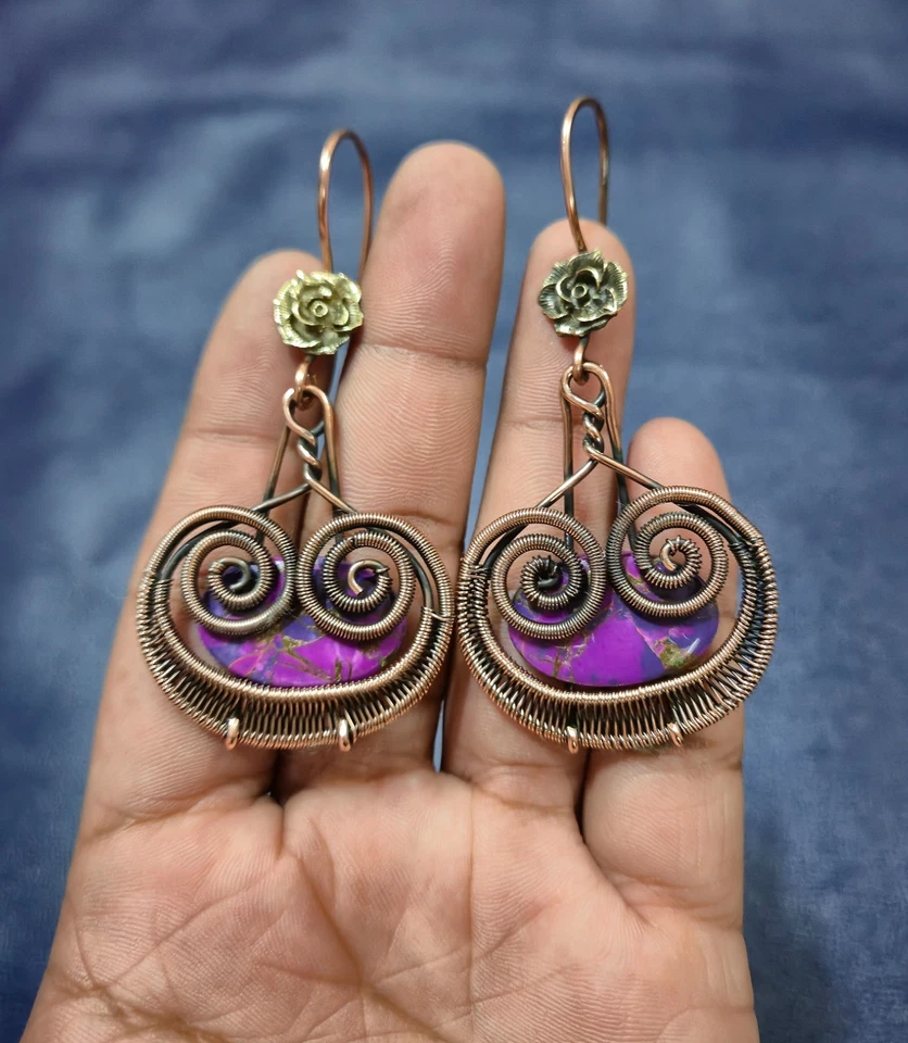 Hermoso Pendiente Rosa Cobre Turquesa Hecho a Mano Envuelto en Alambre Joyería Para Regalo Foto 2 de 4