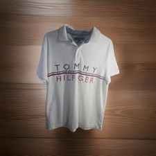 Tommy Hilfiger Men  s L White Custom Fit Polo Shirt - Embroidered Logo Spell Out