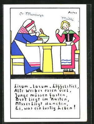 AK Alte Frau sitzt bei einer Mahlzeit am Tisch, junge Frau guckt zu, Holzspielz 
