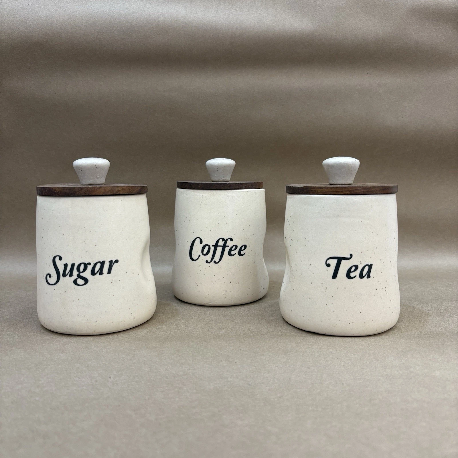 Set of 3 Curvy Ceramic Tea Coffee Sugar Jars – 350ml Airtight Kitchen Canisters