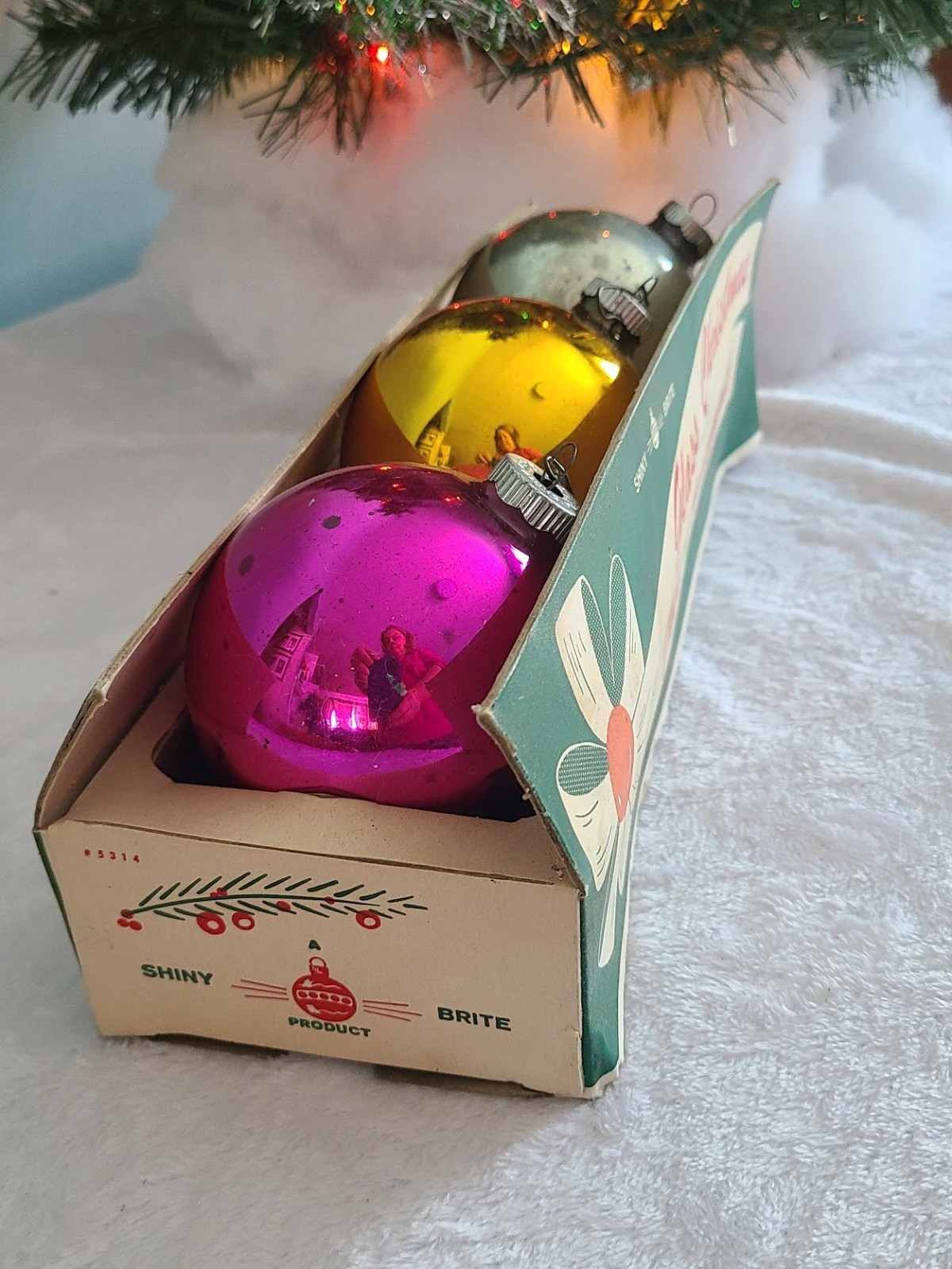9 Vintage Shiny Brite Mercury Glass Ornaments in 3-Pack Sleeve / boxes 3.25"
