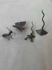 Group of 4 Miniature Bronze Butterfly, Grasshopper, Lizard & Manta Ray