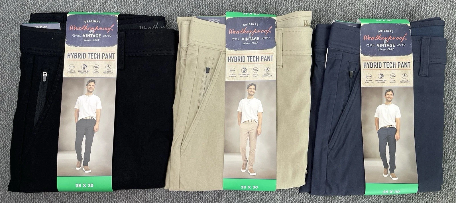 Weatherproof Vintage Men's Tech Pant Lot of 3 Black, Tan & Blue 38x30 NWT
