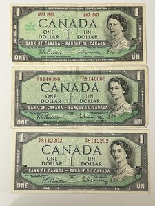 1954 & 1967 Canada 1 Dollar Notes, Circulated Lot Of Three