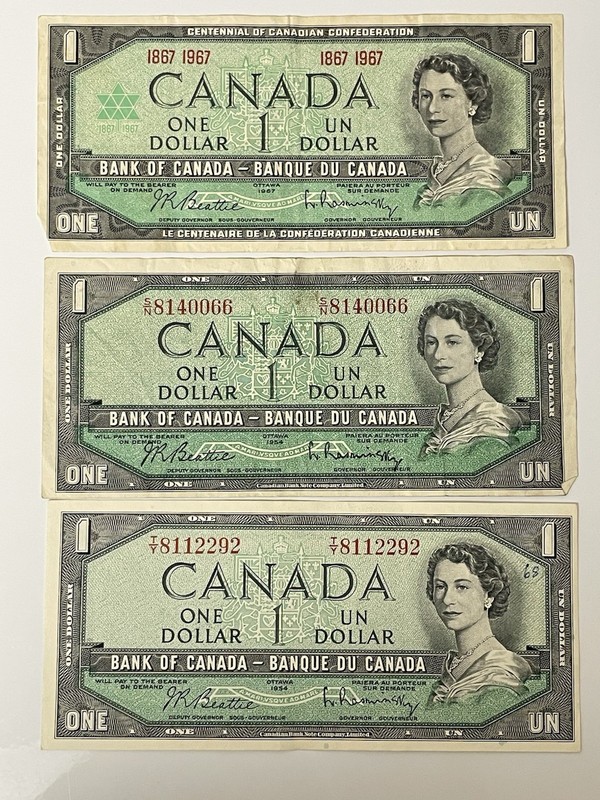1954 & 1967 Canada 1 Dollar Notes, Circulated Lot Of Three