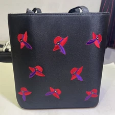 Red Hat Society Black Tote Purse Bag Embroidered Red Purple Hats Rhinestones