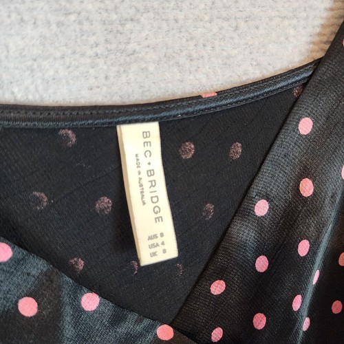 Bec and bridge Dress Womens 8 Kylie Midi Black Pink Polka Dot Slit Silky Slip - Picture 4 of 13