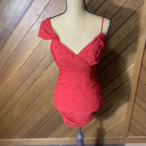 Windsor Red Faux Pearl Mini Dress Size Medium - Picture 3 of 6