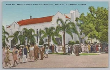 Linen~St Petersburg FL~Firth Avenue~Baptist Church~Palm Trees~Vintage Postcard