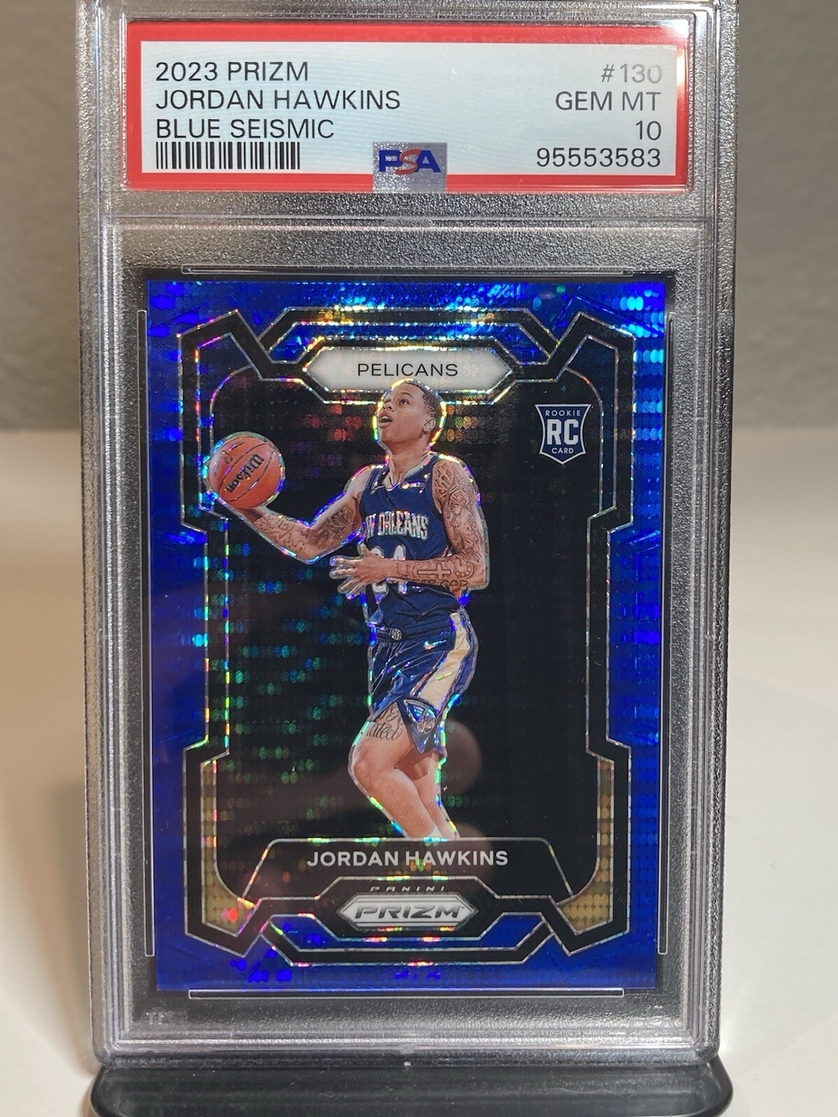 2023 Prizm Jordan Hawkins #130 Blue Seismic /99 PSA 10 Pelicans UConn 🔥💎