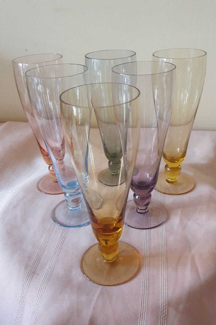 6xVintage HARLEQUIN Champagne Flutes Glasses collectable Bar ware 50