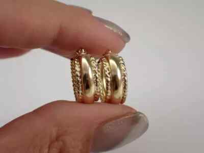 Vintage Estate Huggie Earrings Little Wide Hoops 14K Yellow Gold Plated Silver