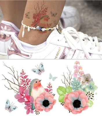 Temporary Tattoo Butterfly Robin Bird Poppy Flower Fake Body Art Waterproof