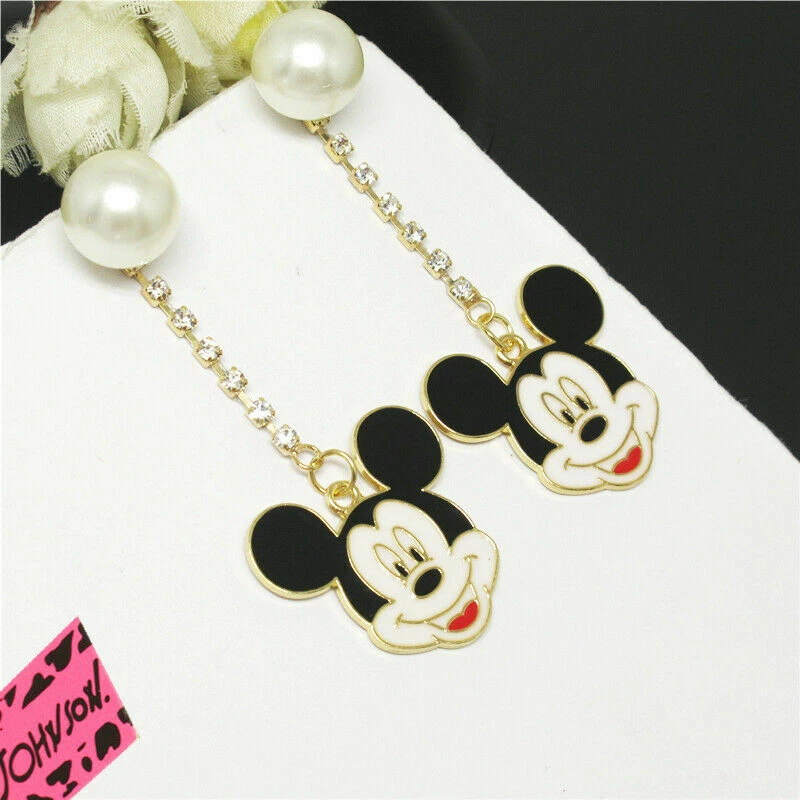 New Betsey Johnson Black Enamel Cute Mickey Pearl Crystal Stud Earrings - Image 2 of 2