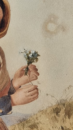 Contadinella che raccoglie fiori, dipinto acquerello inglese epoca Ottocento - Foto 7 di 15
