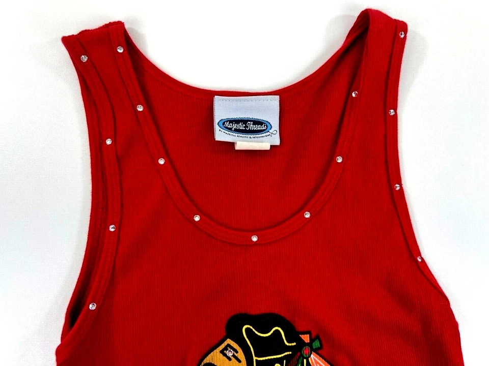 Camiseta sin mangas roja Chicago Blackhawks Majestic Threads estrás talla XL Foto 3 de 4