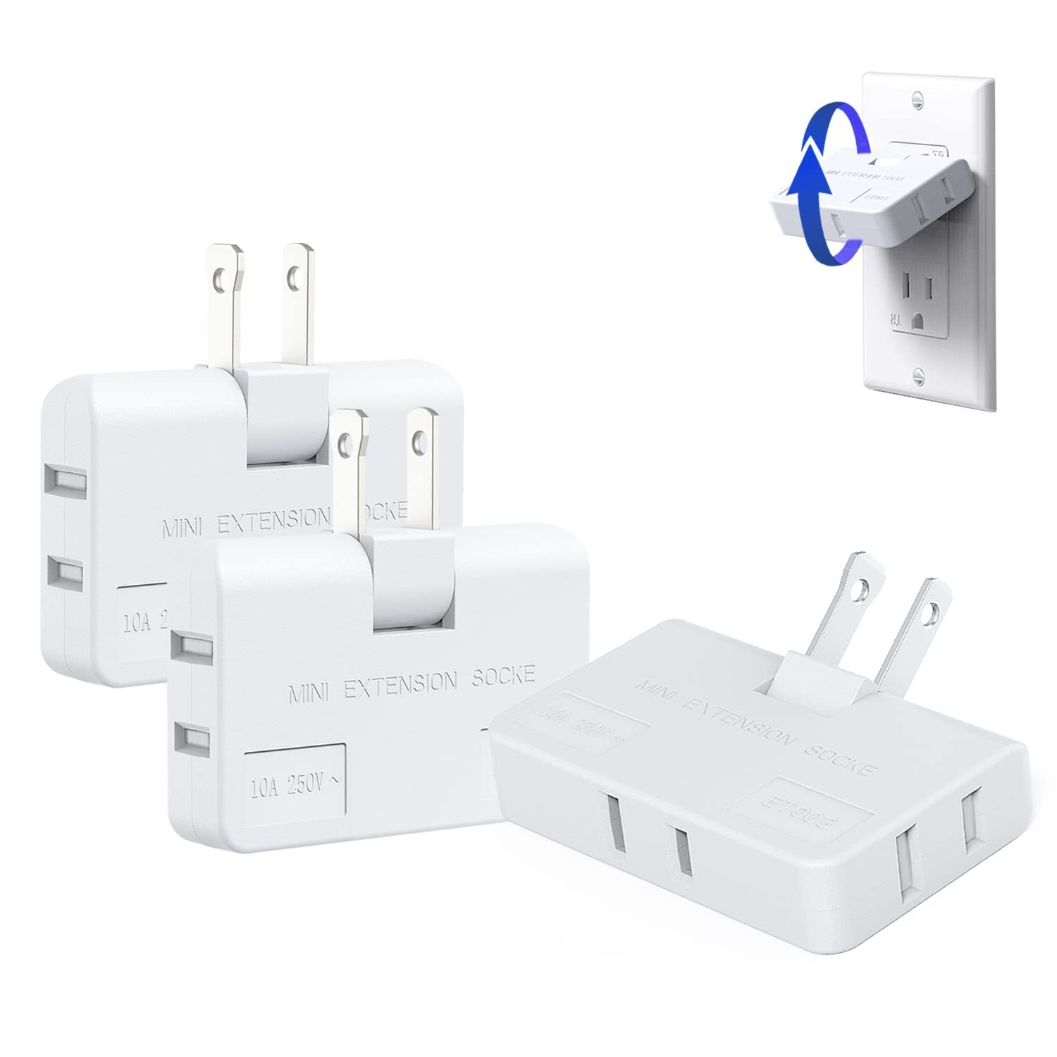 3 Way Flat Wall Outlet Extender AC Adapter - 2-Prong Swivel Mini Indoor Wall ...
